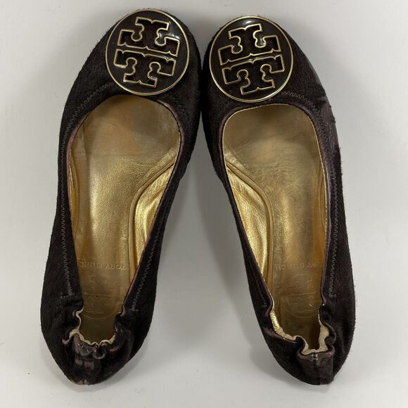 Tory Burch Reva Brown Gold Animal Fur Ballet Flat Womens Size 5 Slip On Ballet - Picture 5 of 9